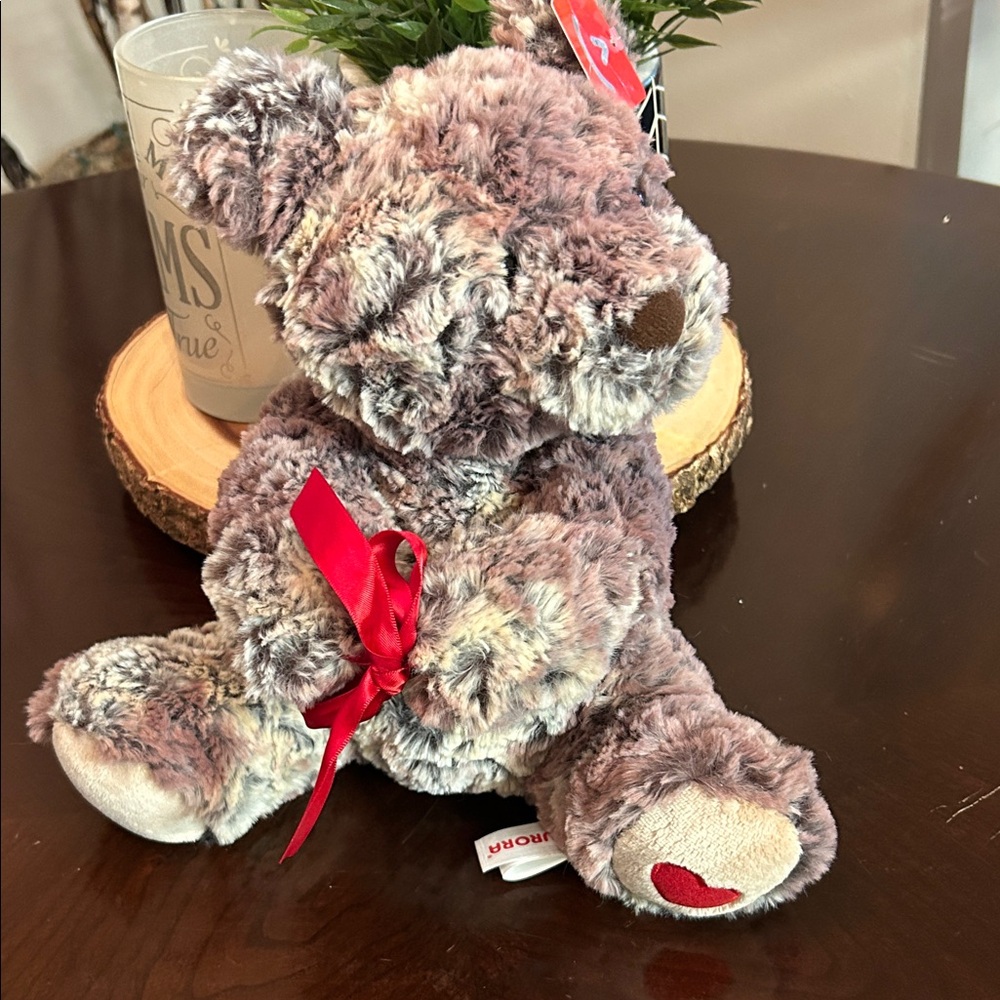 NWT Aurora Plush Gray/Brown Teddy Bear Red Heart on‎ Foot /Red Bow Size 12in